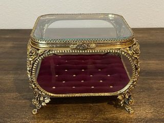 Roses Rare Vintage Gold Ormolu Jewelry Box Casket Antique Matson Beveled Glass
