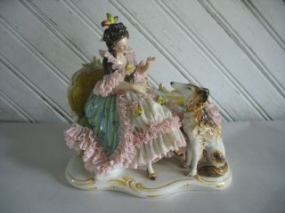 Vintage German Dresden Ceramic Porcelain Figurine Lady W Borzoi Dog C Thieme ?