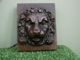 18thc Early Oak Carved Lion Head On Panel C.  1790