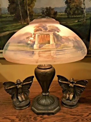 Pairpoint Arts Crafts Reverse Painted Antique Lamp Handel Bradley Hubbard Era Nr