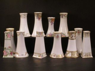 Group 12 Antique Nippon Porcelain China Hand Painted Floral Hatpin Holder Vase