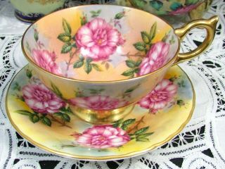 Aynsley Pink Cabbage Roses Gold Handle Athen Style Tea Cup And Saucer