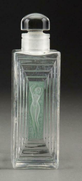 Antique Fabulous Rene Lalique Rare Green Patina Large Duncan Perfume Bottle 1931
