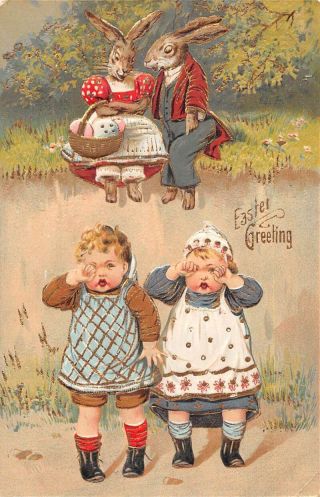 Easter Greetings Dressed Rabbits And Crying Children Vintage Postcard Aa21508