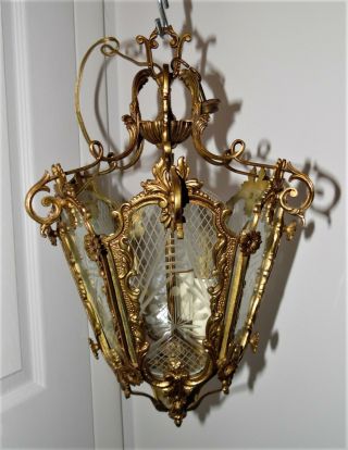 Vintage Brass Hanging Lantern 3 Light Etched Glass Ornate Light French
