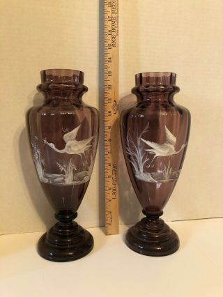 (2) Antique Victorian Painted Art Glass Vases Circa 1880 (est. )