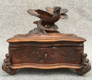 Antique black forest jewelry box made of wood early 1900 ' s Germany bird 3