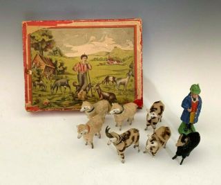 Antique Putz Christmas 8 Pc.  Wooly Spotted Rams Woolie Sheep,  Dog,  Shepherd