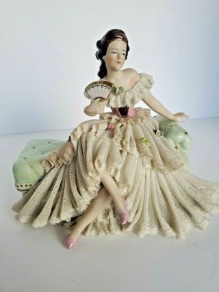 Antique German Dresden Lace Victorian Lady On Couch W Fan Porcelain Figurine
