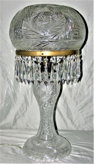 Antique American Brilliant Cut Glass Crystal Mushroom Shade Lamp W/ Prisms