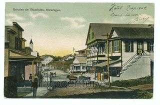 Vintage Postcard 1900 Nicaragua Bluefields Main Street Buildings Hotel Tropical