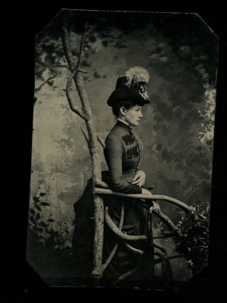 Antique Tintype Photo Pretty Woman In Profile Big Hat - Victorian Fashion