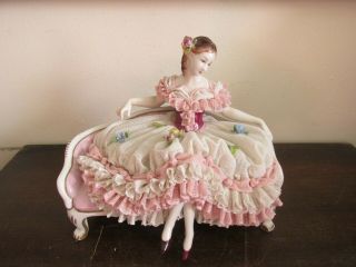 Antique Volkstedt Dresden Lace Germany Porcelain Figurine The Girl On The Bench