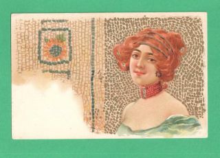 Early Vintage Art Nouveau Postcard Pretty Lady Red Hair Metal Choker Mosaic Tile