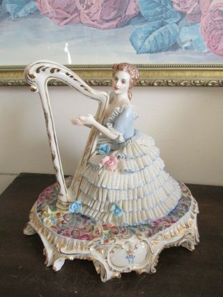 Capodimonte Italy Dresden Lace Lady With Harp Figurine