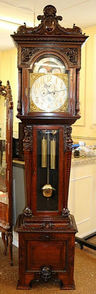 Gorgeous Winterhalder & Hofmeier Tiger Oak Figural Tall Case Grandfather Clock 4
