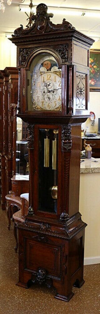 Gorgeous Winterhalder & Hofmeier Tiger Oak Figural Tall Case Grandfather Clock 5