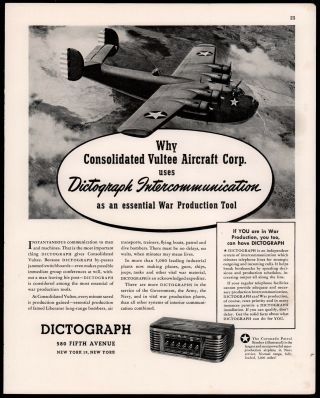 1943 Wwii Consolidated Vultee Coronado Patrol Bomber Photo Ww Ii Dictograph Ad