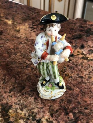 Fine Antique Meissen Porcelain Figure Boy Playing On Bagpipe