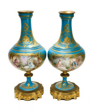 Pair French Sevres Style Porcelain Footed Decorative Urns,  Circa 1900