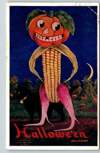 100 Vintage Halloween Postcard Jol Corn Man With Black Cat,  Embossed