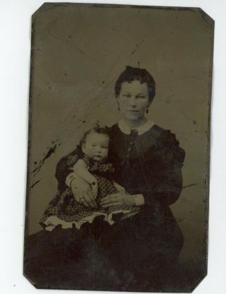 Old Vintage Antique Tin Type Photograph Women & Baby