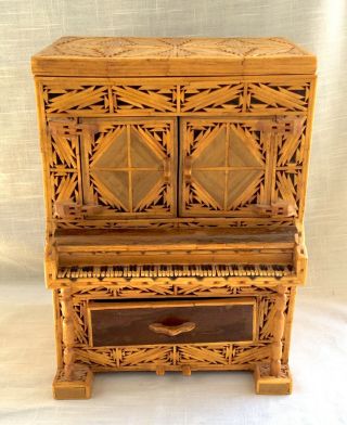 Vintage Folk/tramp Art Wood/match Stick Piano Shaped Jewelry Box - Laurie