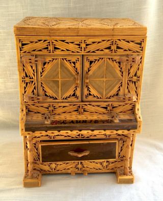 Vintage Folk/Tramp Art Wood/Match Stick Piano Shaped Jewelry Box - Laurie 2