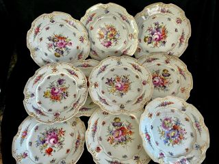 Antique Set Of 10 Dresden Hand Painted Plates From 19 Century, .