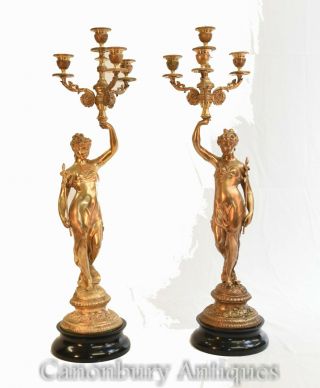 Pair Ormolu Maiden Candelabras - French Figurine Candles
