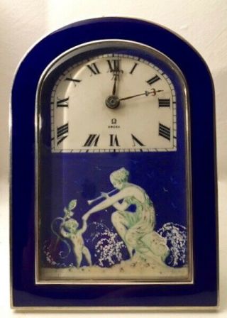 Vf Antique Omega Art Nouveau Silver Table Clock Cobalt Blue Enamel Signed