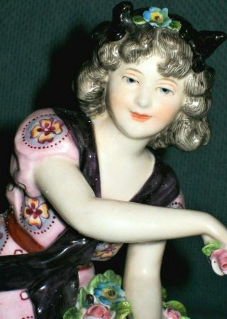 Antique German Dresden Young Lady Dancer Doll With Flowers Porcelain Figurine