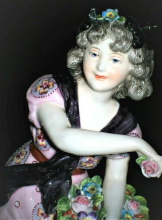 ANTIQUE GERMAN DRESDEN YOUNG LADY DANCER DOLL WITH FLOWERS PORCELAIN FIGURINE 2