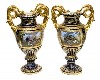 Pair Royal Vienna Austrian Hand Painted Porcelain Twin Handled Urns,  C1900