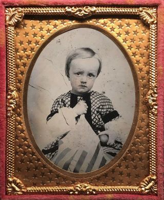 1/9 Plate Ruby Ambrotype - Civil War Era Boy Holding American Flag & An Apple