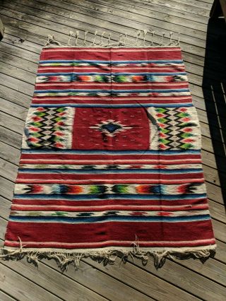 Vtg Antique Mexican Southwest Saltillo Serape Camp Blanket Rug Wool 65x89 Heavy