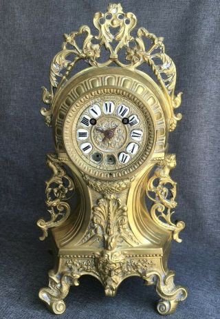 Big Antique French Empire Style Clock 19th Century Bronze Faun Caryatids Snake