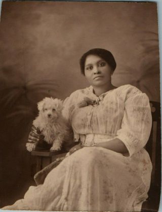 Antique Studio Photo Lovely Black African Woman Holding Little White Dog Maltese