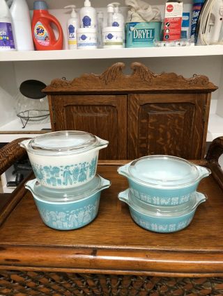 Set Of Four Vintage Pyrex Small Casserole Dishes - Turquoise/ White Butterprint