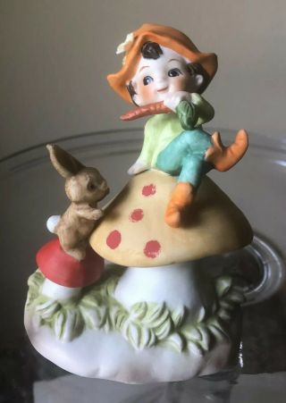 Vintage Lefton Ceramic Rabbit Mushroom Elf Fairy Trade Mark 242