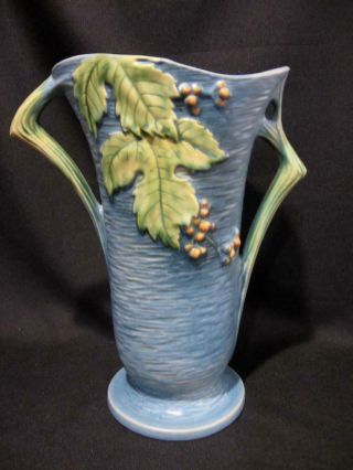 Vintage Roseville Pottery Bushberry Vase 38 - 12 Blue,  Leaves & Twig Handles 12 "