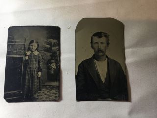 2 Old Antique Tintype Photographs Photos Man & A Young Girl