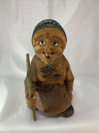 Oien Hand Carved Troll - Signed Oien - Lady W/cane Approx 6” Norwegian Norway