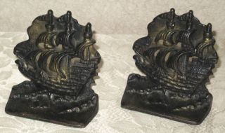 Antique Cast Iron Bookends Sailing Ship Book Ends - Set Of Two