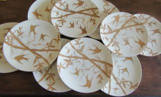 Set 10 Bodley Gilt Plates Flying Birds & Bamboo Aesthetic Movement 9 3/8 Inches