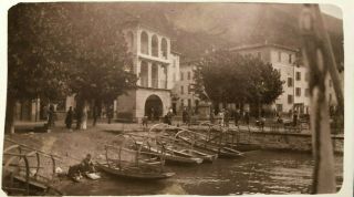 Vintage Old Photograph Lake Boats Buildings People Campione Italy Nr Lugano 1923