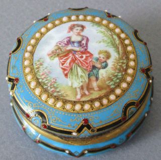 Antique 19thc Hp French Blue Enamel Patch Box Jewelled Mother & Child Gilt Trim