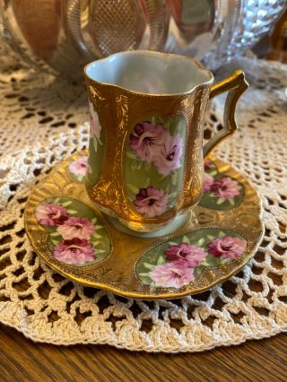 Antique Japan Nippon Eggshell Porcelain Cup And Saucer Moriage Vintage Demitasse