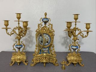 Three Piece French Sevres Porcelain And Gilt Bronze Clock Set