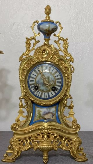 Three Piece French Sevres Porcelain And Gilt Bronze Clock Set 2